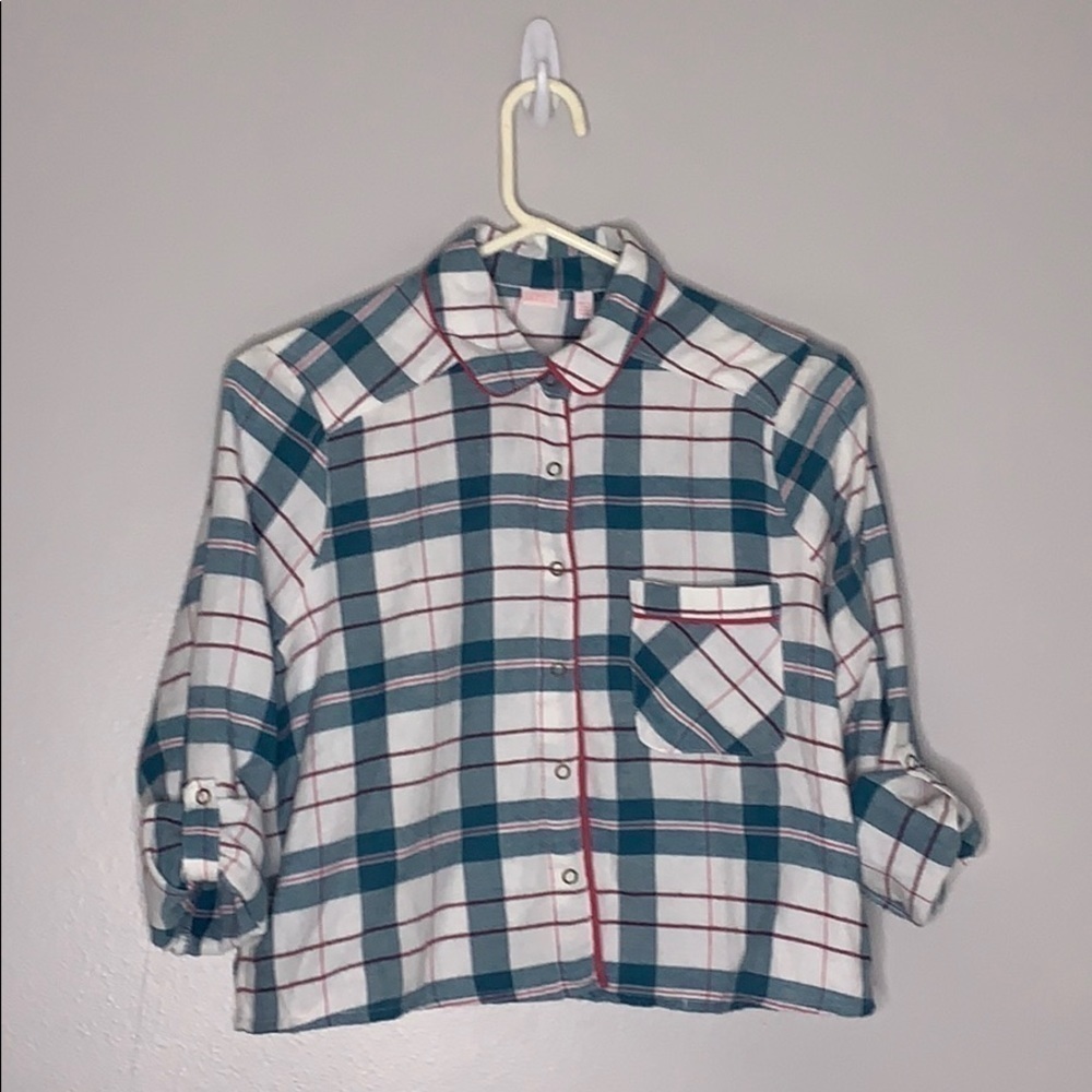 Make & Model Plaid Tab Sleeve Button leisure blue pajama Top small women’s
